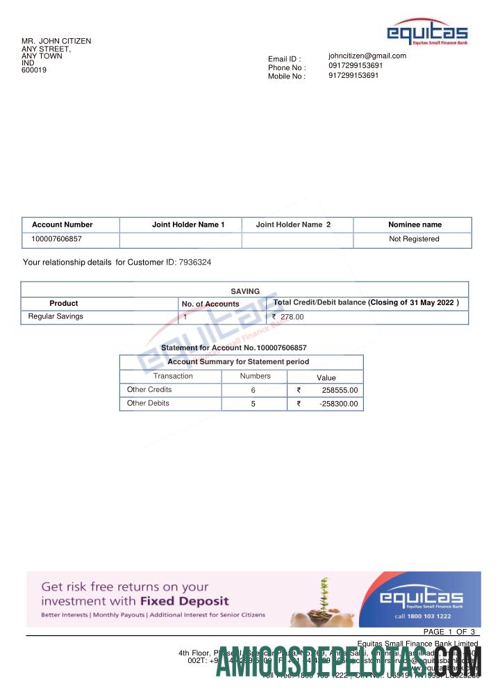 Modelo de extrato bancário INDIA EQUITAS para download, formato Word e PDF